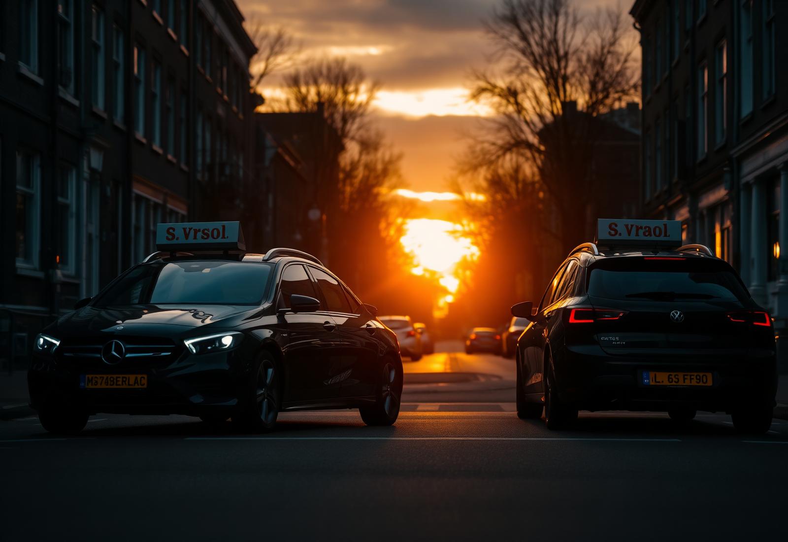 Zwarte lesauto's van Rijschool Ayaz in Amsterdam bij zonsondergang